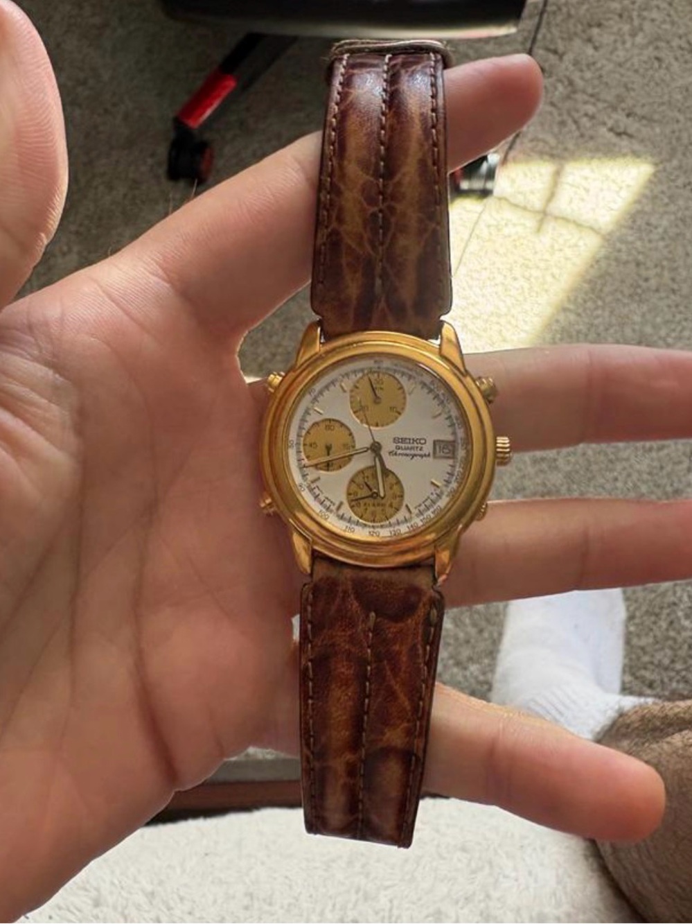 Seiko Gold Tone Chronograph Watch with White Dial and Brown Leather Strap